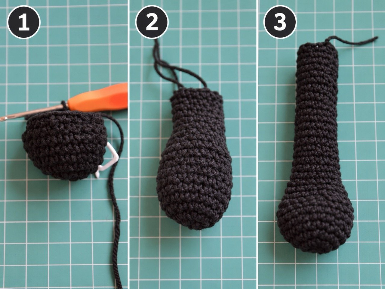 Crochet black cat front leg in progress
