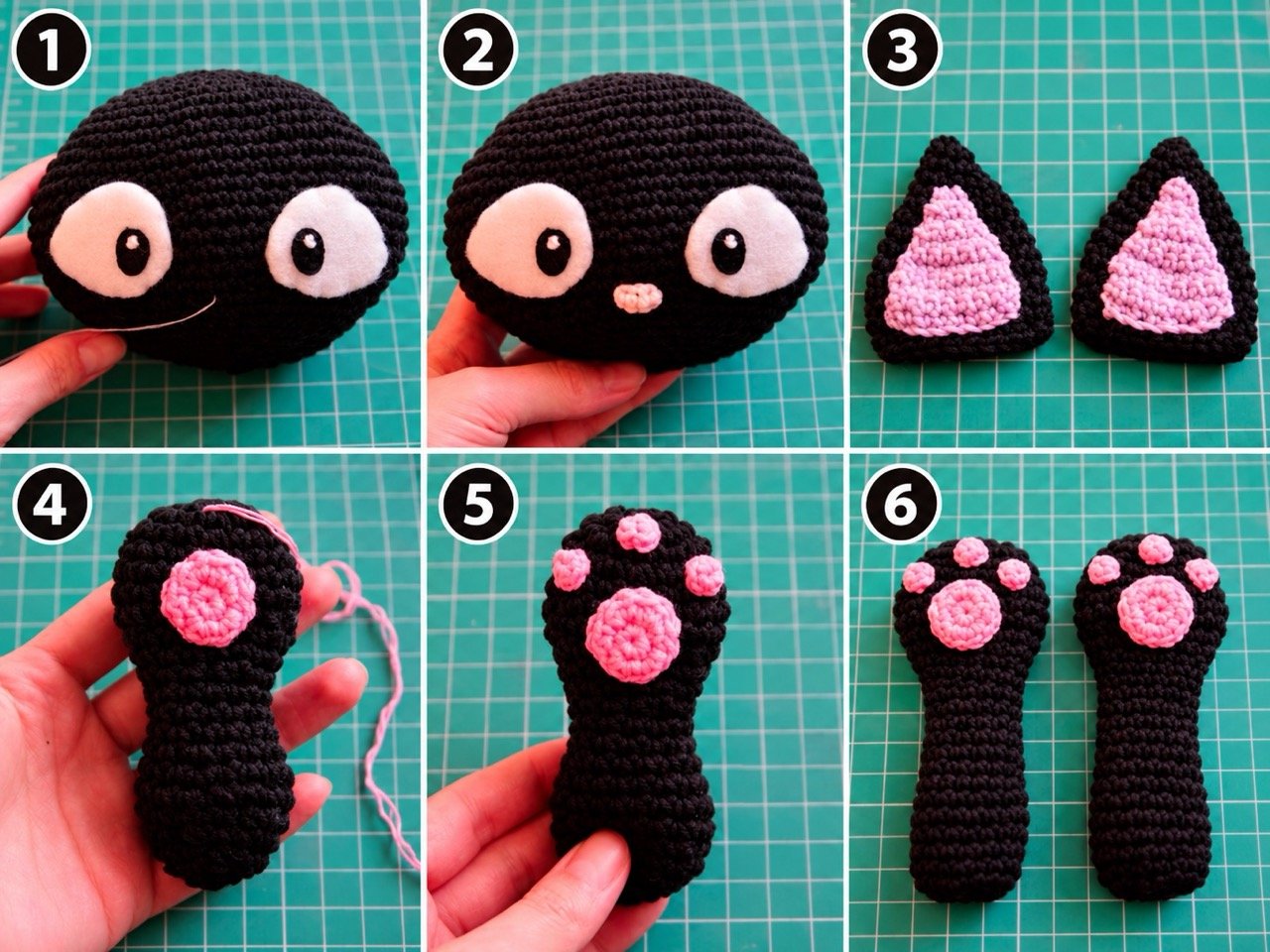 Sewing the crochet black cat leg pieces together