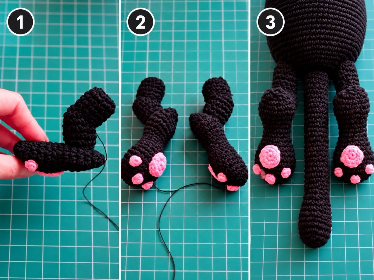 Assembling the crochet black cat pieces